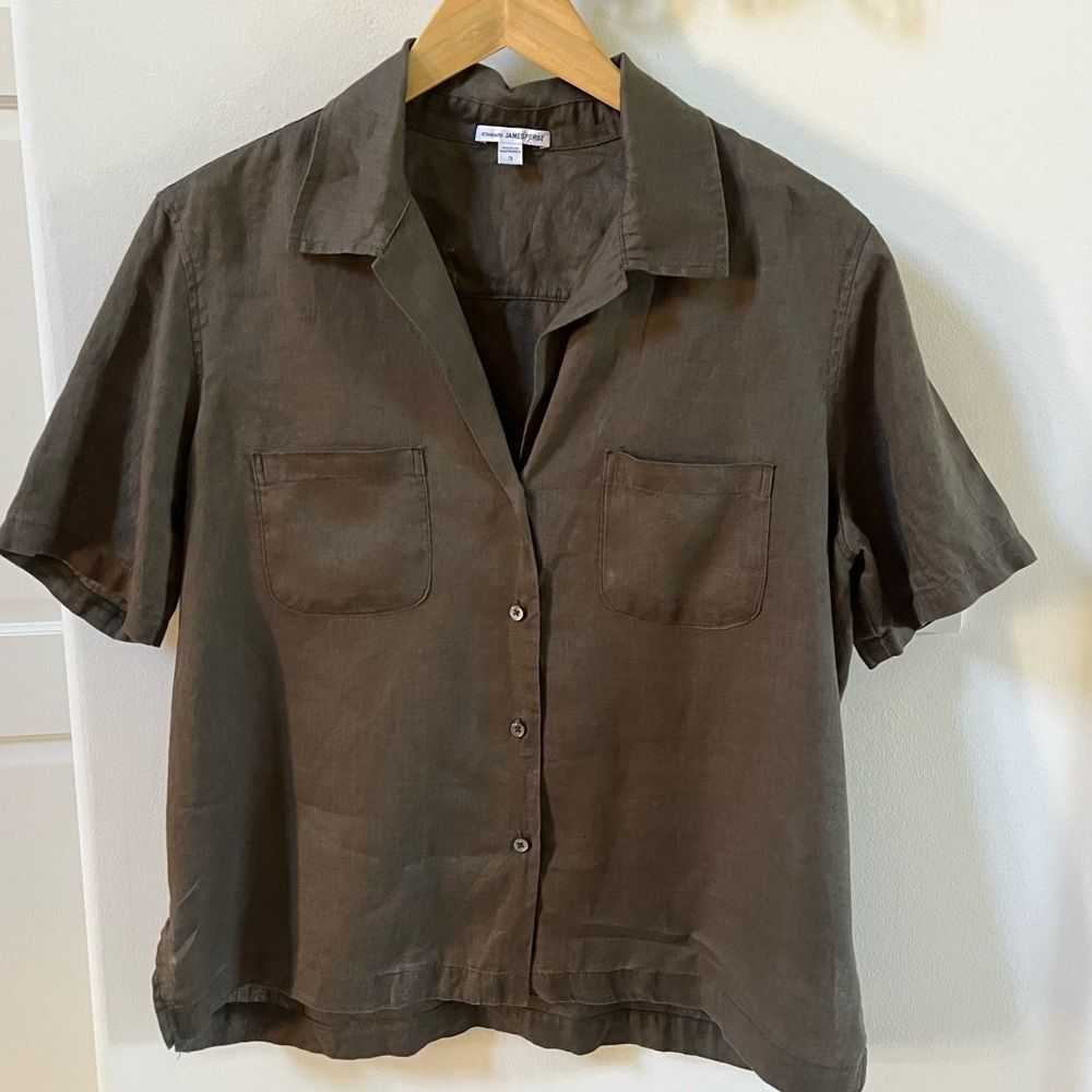 Standard James Perse Lightweight Linen Boxy Fit Shirt in Army Brown L - Picture 2 of 11